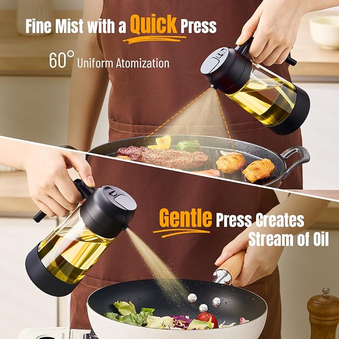 PARACITY Oil Sprayer for Cooking 2 Pack, Glass Dispenser, Black, 16 oz | Silicone-base oil dispenser bottle offers even mist or controlled pour; wide mouth for frying, baking and salad dressing.