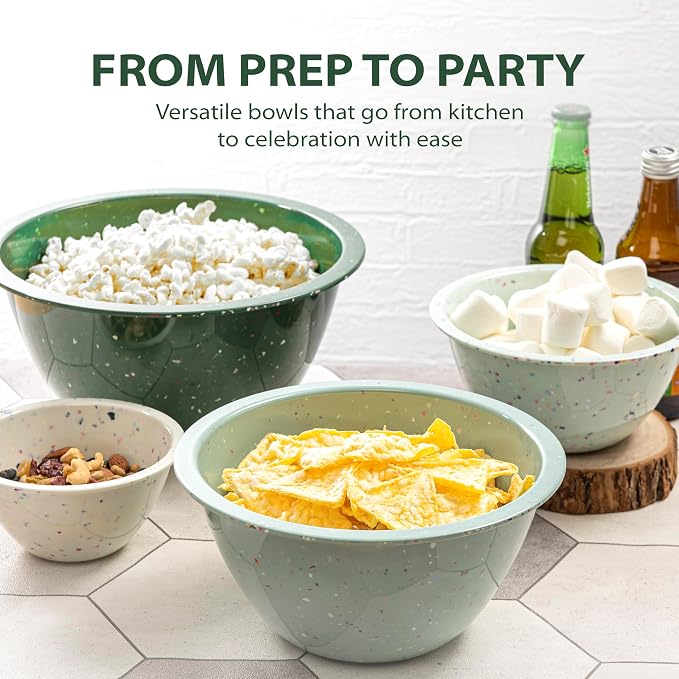Confetti Melamine Mixing Bowls Set, 4 Piece Nesting BPA free Green | 4-Piece Kitchen Serving Bowls (18oz, 1.25QT, 2.5QT, 4QT) dishwasher safe, stackable and space-saving.