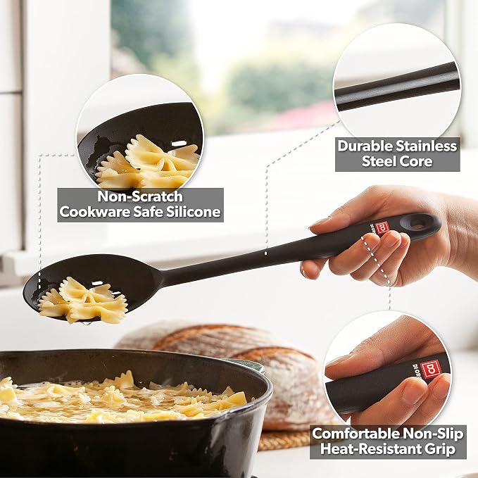 DI ORO 3-Piece Seamless Silicone Spoon and PRO 14in Seamless Silicone Spatula Bundle - 600F Heat-Resistant Rubber Non-Stick Slotted and Solid Spoons for Mixing and Serving - BPA Free