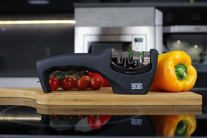 Taylors Eye Witness Professional Chef’s Kitchen Knife Sharpener - Three Stage Handheld Knife Sharpening Tool. Re-edging, Honing And Fine Honing For Many Blade Types. Non Slip Base.