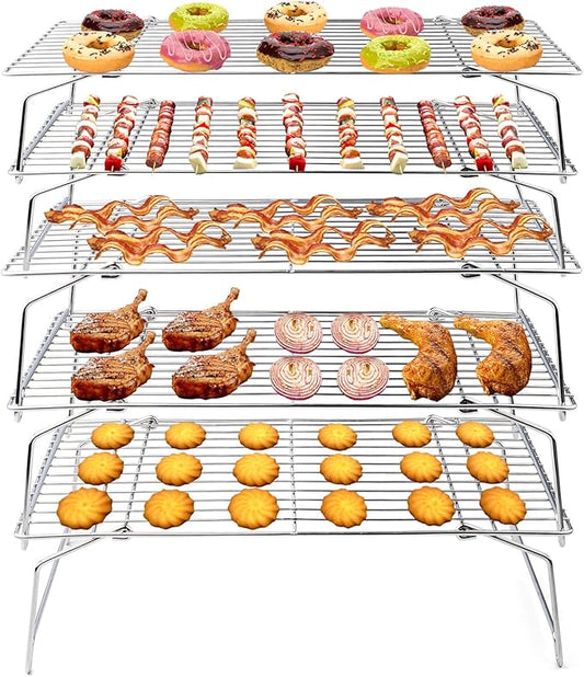 TeamFar Cooling Rack, 5-Tiers Stainless Steel Baking Cooling Wire Rack for Baking Roasting Cooking, Healthy & Firmly Weld, Stackable & Collapsible, Dishwasher Safe, 15”x10”
