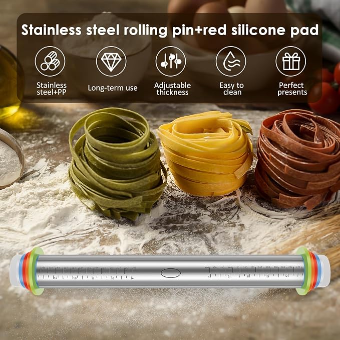 Rolling Pin and Silicone Baking Pastry Mat Set Stainless Steel Dough Roller with Adjustable Thickness Rings Nonstick Dough Roller Pin for Fondant Pizza Pie Cookies (1PC)