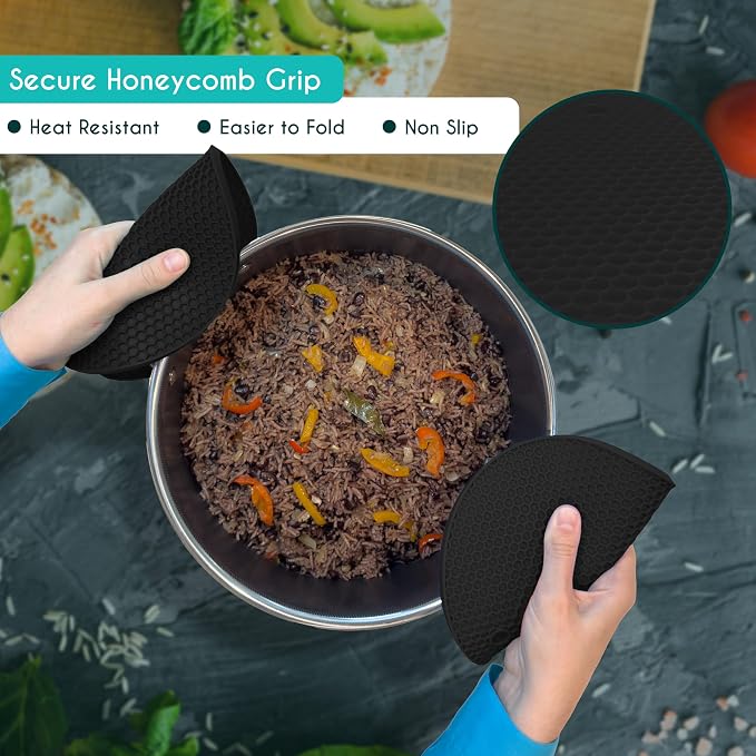 4 Pcs Thick Trivets for Hot Dishes, Non Slip Hot Pot Holders, Kitchen Heat Resistant Silicone Pad, Extra Thick, Large. (Black)