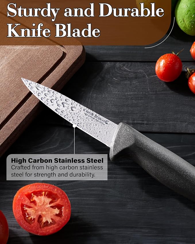 Cook N Home Professional Paring Knife Set, High Carbon Stainless Steel Kitchen Knives, Includes-Utility, Paring, Vegetable, Peeling Knife, Ergonomic Handle, 4-Piece, Black