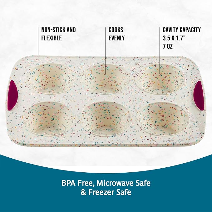 Trudeau Structure White Confetti 6-Cup Jumbo Muffin Pan – Premium Steel-Reinforced Silicone Bakeware, Nonstick BPA-Free Cupcake & Muffin Mold – Oven, Freezer & Dishwasher Safe