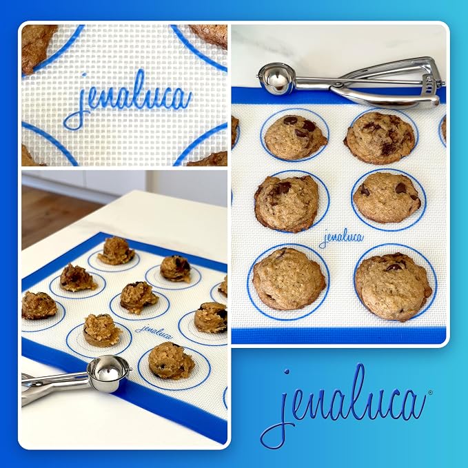 Jenaluca Silicone Baking Mats 2 Pack, Non-Stick, 16.5 x 11.6 inches | Food grade silicone pan liner with cookie measurements. Reusable for cookies, pastries & meal prep. Non-slip design.