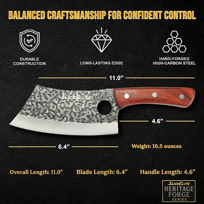 Meat Cleaver Forged Butcher Knife Meat Cutting Knife Kitchen Knives BBQ | Chopping, Slicing, Kitchen, Grilling, Outdoor Cooking, Food Prep, Hammered Pattern Forged Steel, Full Tang, Sandalwood Handle