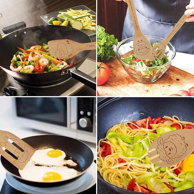 5PCS Sheep Wooden Cooking Spoons Set Bamboo Cooking Spoons | Sheep Kitchen Decor Housewarming Wedding Anniversary Thanksgiving Christmas for Mom Women Animal Lovers