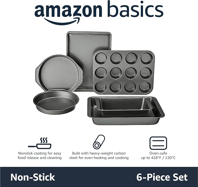 Amazon Basics 6 Piece Nonstick Carbon Steel Bakeware Set with Cake, Muffin, Cookie, and Loaf Pans, Easy Release, Oven Safe, 16.25 x 11.75 x 6.25 inches