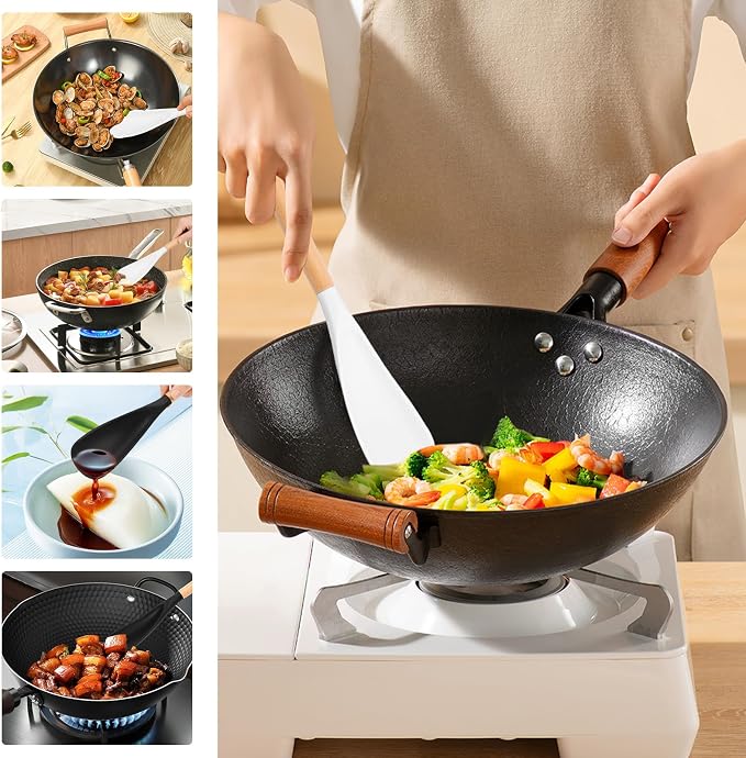 4Pcs Silicone Spatula Set with Wooden Handle, Black White Cooking Spoon Spatula Multipurpose Kitchen Utensils for Mixing, Scraping, Serving, Heat Resistant, Non-Stick Safe, 2 Large 2 Small