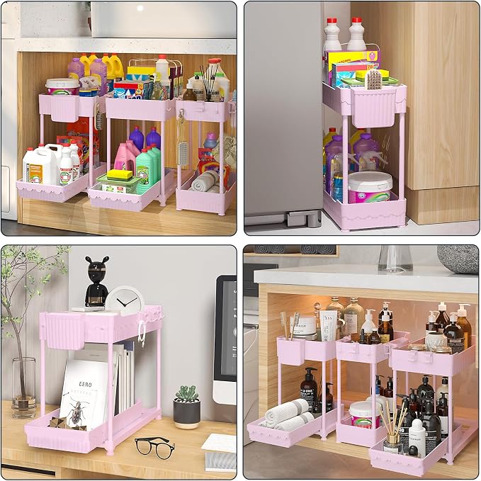 3 Pack Under Sink Organizers, 2-Tier Multi-Use Kitchen and Bathroom Organizers and Storage with Sliding Drawers, Bathroom Cabinet Organizer (Pink, 14.8 Inch) | Multi-use kitchen & bathroom storage, 14.8 inch pink cabinet organizer, space-saving sliding...