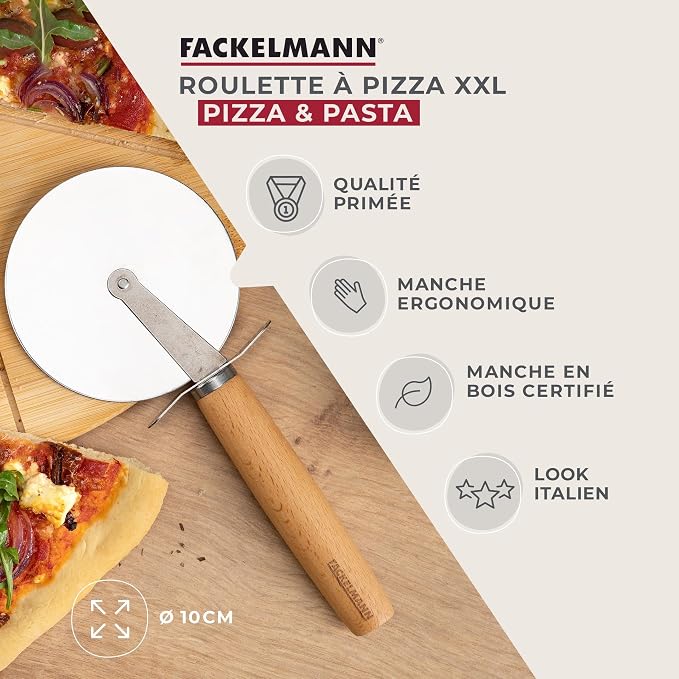 Fackelmann XXL Pizza Cutter for Pizza and Tarte Flambée, Pizza Wheel with Sharp Stainless Steel Blade, Pizza Roller with Ergonomic Beech Wood Handle, Approx. 23 cm