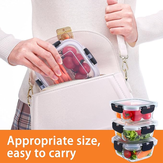 3 Pack Bariatric Meal Prep Containers, 8oz Glass Snack Containers | Glass Bariatric Portion Control Containers with Two 4 oz Compartments, Reusable Lunch Box Bento Box with Lids,Black