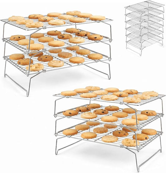 LIANYU Cooling Rack 15"x10", 6-Tier Stackable & Collapsible Stainless Steel Baking Wire Racks for Cooking, Baking, Roasting, Drying, Oven & Dishwasher Safe, Silver