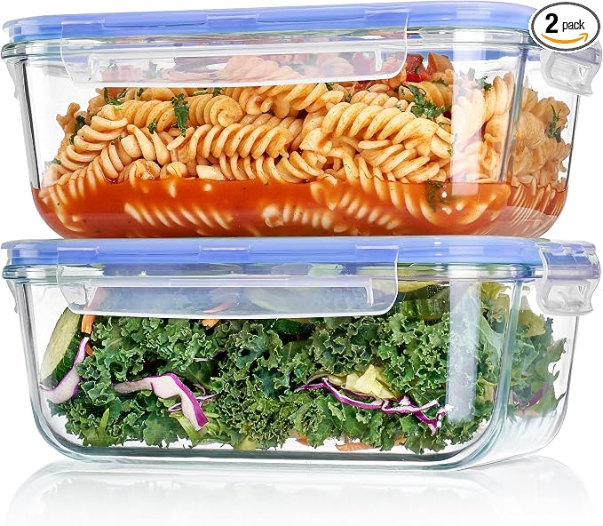 Vtopmart 2Pack 1860ml/63oz Large Glass Storage Containers With Lids, Blue | Meal Prep Food Container Set with Snap Airtight Lid, For Baking, Microwave, Oven, Leak Proof, Freezer, Dishwasher, BPA Free