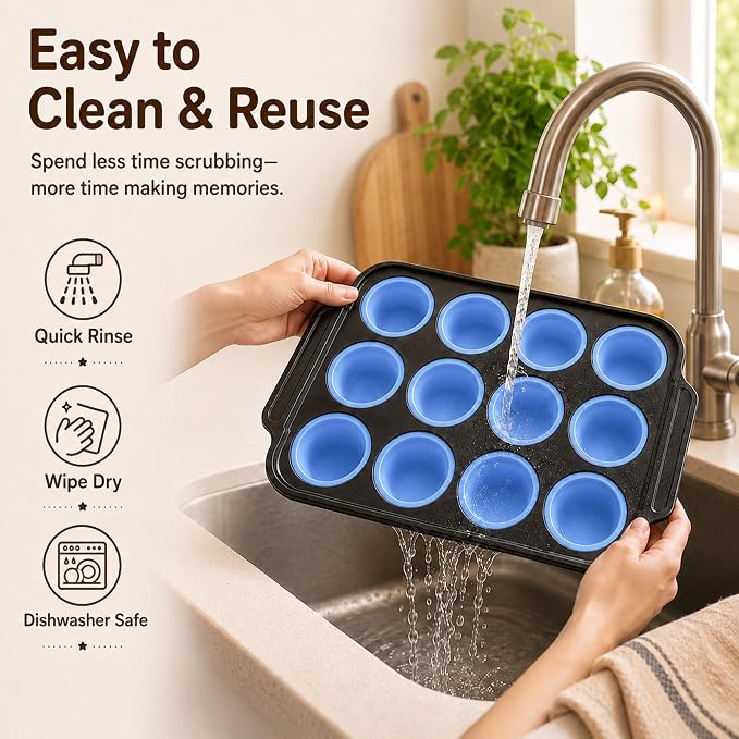2 Pack Silicone Muffin Pans for Baking, 12-Cup Muffin Tin with Metal Frame | 2 Pack value, 12-Cup muffin pans, Reinforced metal frame, Easy release cups, Nonstick silicone, Oven & dishwasher safe