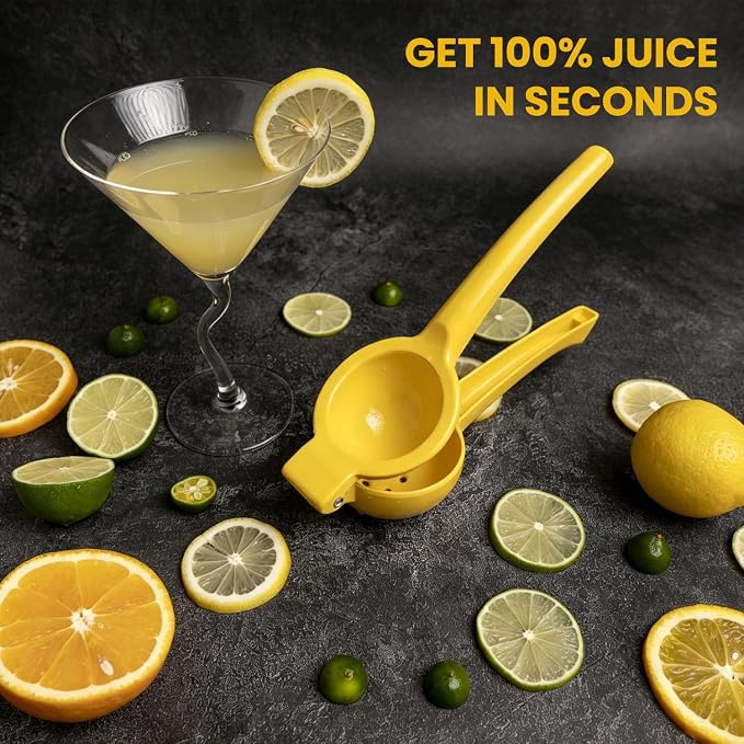 Lemon Squeezer, Fast Effortless Juice Extraction with Large Metal Citrus Juicer, Maximum Yield Lightweight Hand Lime Squeezer, Manual Lemon Juicer Press, Easy to Use Squeeze Tool, Yellow
