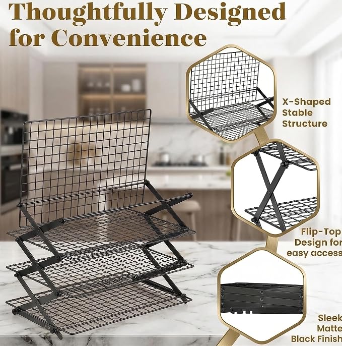 4-Tier Stackable Cooling Rack for Baking, Heavy Duty Stainless Steel Baking Rack, Foldable Space Saving Design, Oven Safe Wire Rack Fits Quarter Sheet & Jelly Roll Pans, Dishwasher Safe