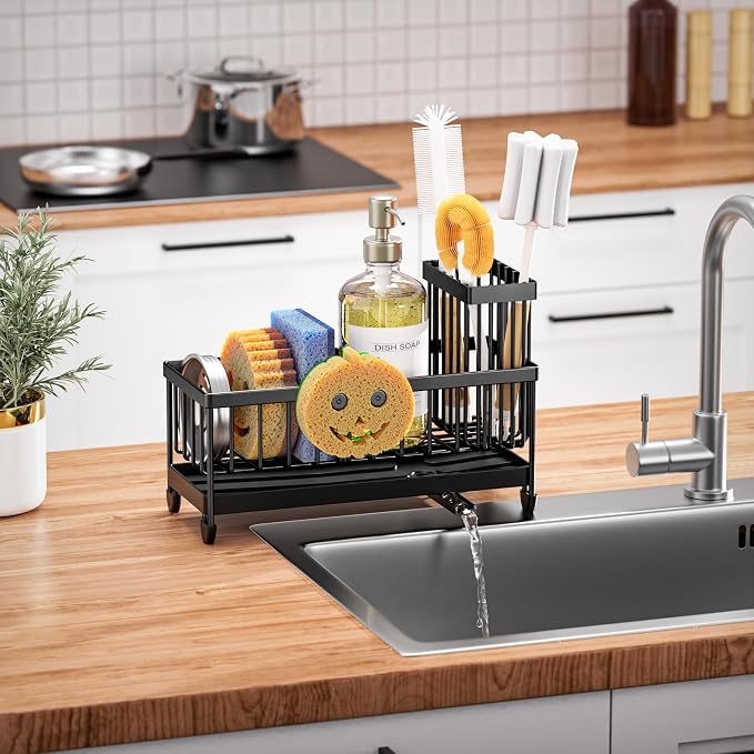 Cisily Sponge Holder for Kitchen Sink, Sink Caddy Organizer with High Brush Holder, Kitchen Countertop Organizers and Storage Essentials, Rustproof 304 Stainless Steel (Black with Smiley Face, 9.25″)
