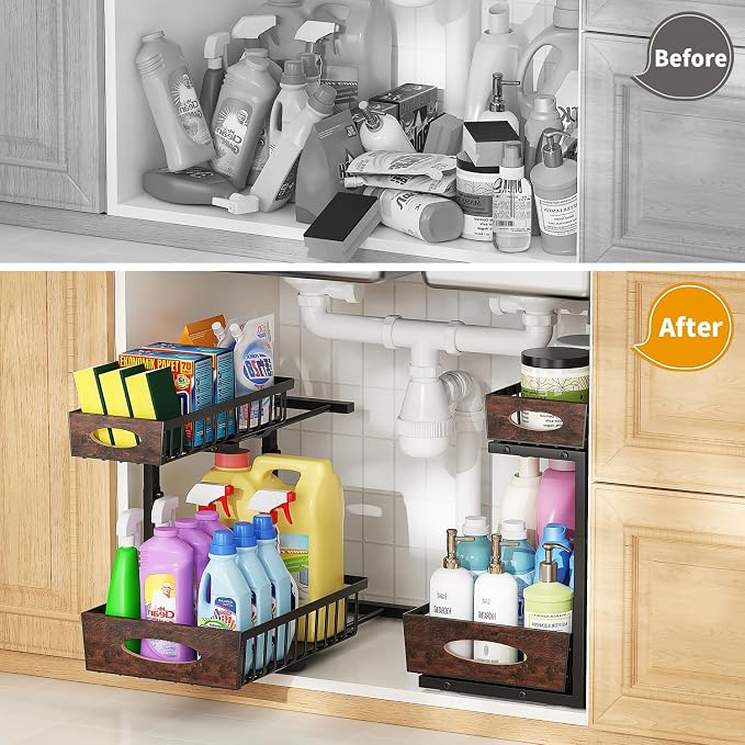 2-Tier Under Sink Organizer with Wooden Drawer Handle, 2 Pack Adjustable Height Pull Out Cabinet Organizer Shelf,Slide out Storage Drawer Rack for Kitchen Bathroom Laundry Room Pantry (Black)