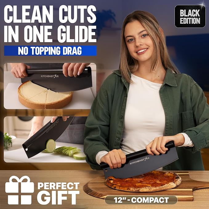 12-Inch Pizza Cutter Rocker Blade, 304 Stainless Steel Slicer Knife, Black | Protective cover included, one-piece design, food-grade stainless steel, suitable for small pizzas