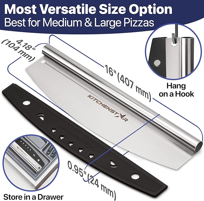 16-Inch Pizza Cutter Rocker Blade, 304 Stainless Steel Slicer Knife, Silver | Protective cover included, dishwasher safe, one-piece design, food-grade stainless steel, suitable for large pizzas