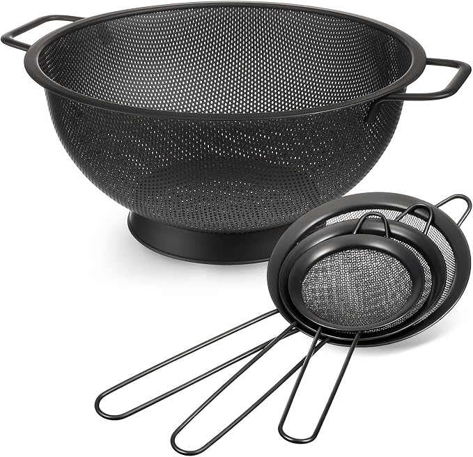 Norme 4 Quart Stainless Steel Black Colander and 3 Pcs Black Fine Mesh Strainer, Stainless Steel Pasta Rice Food Metal Strainer with Handles, Easy Clean and Dishwasher Safe
