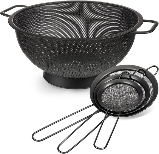Norme 4 Quart Stainless Steel Black Colander and 3 Pcs Black Fine Mesh Strainer, Stainless Steel Pasta Rice Food Metal Strainer with Handles, Easy Clean and Dishwasher Safe