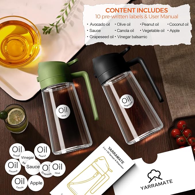 YARRAMATE 16 oz 2-in-1 Glass Olive Oil Sprayer for Cooking, OliveGreen | Food-grade dispenser bottle, 470 ml, spray and pour, portion control, stickers included, for salad, frying and BBQ