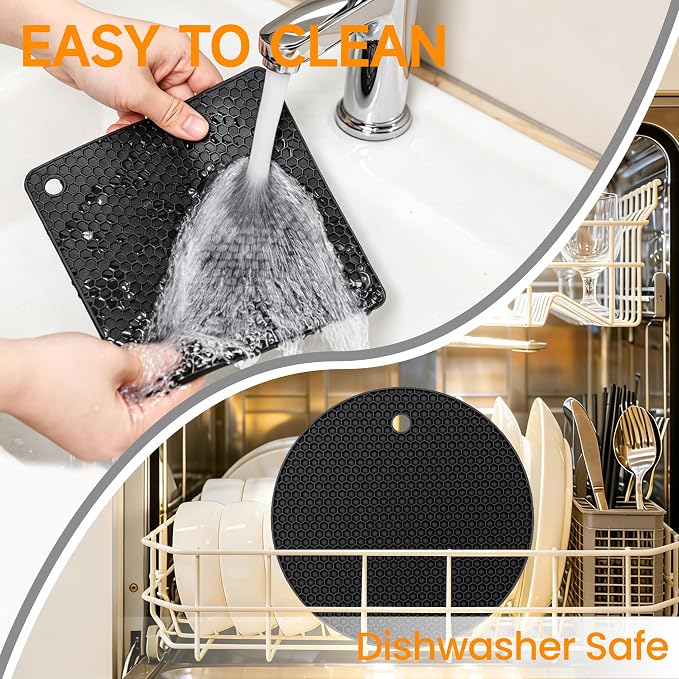 Silicone Trivets for Hot Dishes, Non-Slip Hot Pads for Kitchen Countertop Protector, Heat Resistant Mat for Hot Pots and Pans 4-Pack Food Grade Silicone Black
