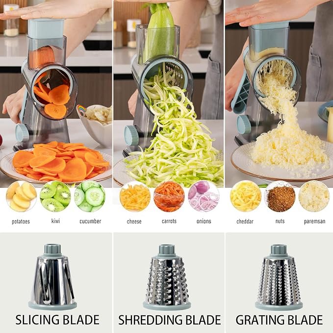 Cheese Grater Hand Crank Rotary Vegetables Shredder with Handle | 3-in-1 Graters, Interchangeable Blades, Non-slip Base, Multifunctional Slicer