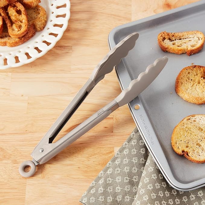 Tovolo Kitchen Tongs with Silicone Tips 9 Inch for Cooking Mixing and Serving, Easy Clean Dishwasher Safe Silicone Tipped Tongs with Locking Stainless Steel Heat Resistant, Warm Gray
