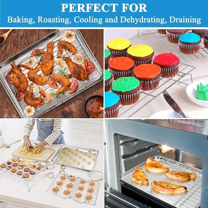 P&P CHEF 16 Inch Baking Sheet with Rack Set, Pans with Stackable Racks | 2 Baking Sheets + 2 Cooling Wire Racks, Dishwasher & Oven Safe, Non-toxic & Lasting Use, Fit for Regular Oven