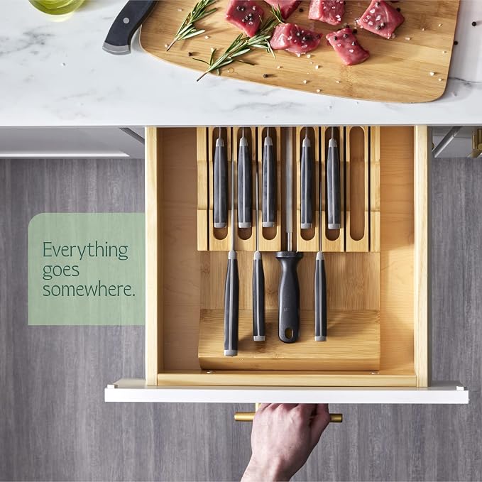 High-Grade 100% Bamboo Knife Drawer Organizer - 12 Slots Plus Sharpener, Secure, Practical, Eco-Friendly Knife Block