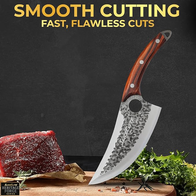SliceElite Heritage Forge Series Viking Knife Meat Cutting Boning Knife Slicing BBQ Kitchen Knife Full Tang Sandalwood Handle Hammered Pattern Forged Steel Gift Box