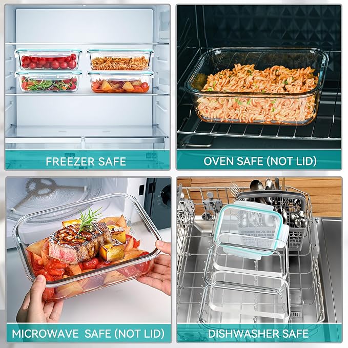 GEHE 4 Pack 52 oz Large Glass Food Storage Containers with Lids - Glass Meal Prep Containers For Baking, Storing, Airtight Lunch Container, Freezer, Dishwasher, Microwave and Oven Safe, BPA Free