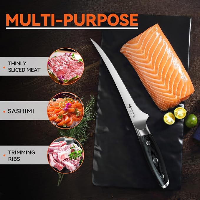 TUO Fillet Knife, 7 Inch Professional Fish Boning Knife for Trimming Meat & Poultry, Flexible Blade, High Carbon German Steel, Full Tang Handle - Black Hawk Series