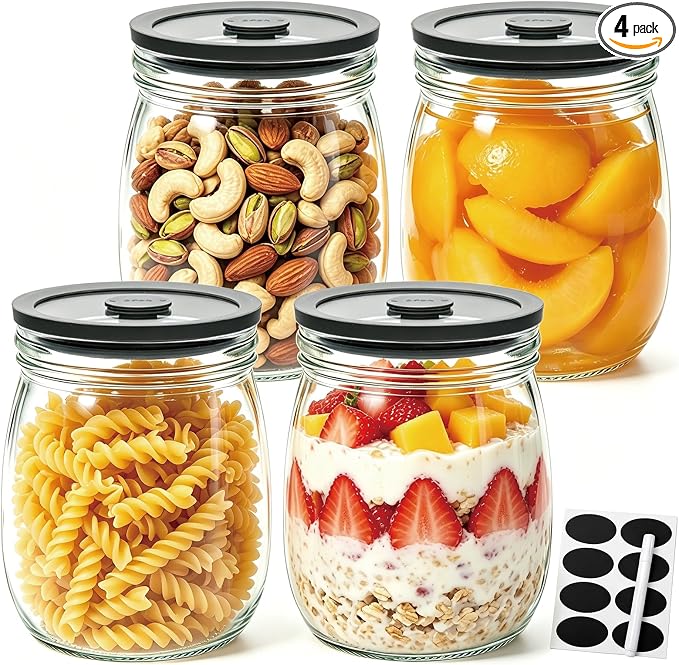28oz 4 Pack Glass Canisters with Airtight Lids, Glass Storage Containers | Glass Canisters with Airtight Lids, Wide Mouth Mason Jars for Salad, Cookie, Overnight Oats, Canning, Fermentation, Pickling