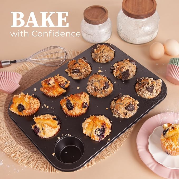 CARTMAN 2-Pack 12-Cup Muffin Pan Set, Carbon Steel Nonstick Cupcake Tin | Includes 200 liners, durable carbon steel, nonstick release, for cupcakes, muffins, egg bites, brownies, oven safe 450°F