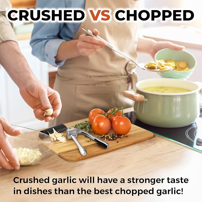Zulay Kitchen Large Premium Garlic Press Set - Bigger Bowl for Bigger Garlic - Rust Proof Garlic Mincer Tool - Easy-Squeeze, Easy-Clean Silicone Garlic Peeler & Brush (Chrome)