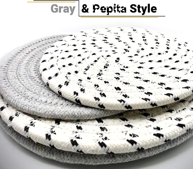 Set of 4 Potholders & Trivets [2x9"+" "+"& "+"2x7"+"] | Eco Pure Cotton Weave for Hot Pots & Pans | Gray + White & Black Flakes