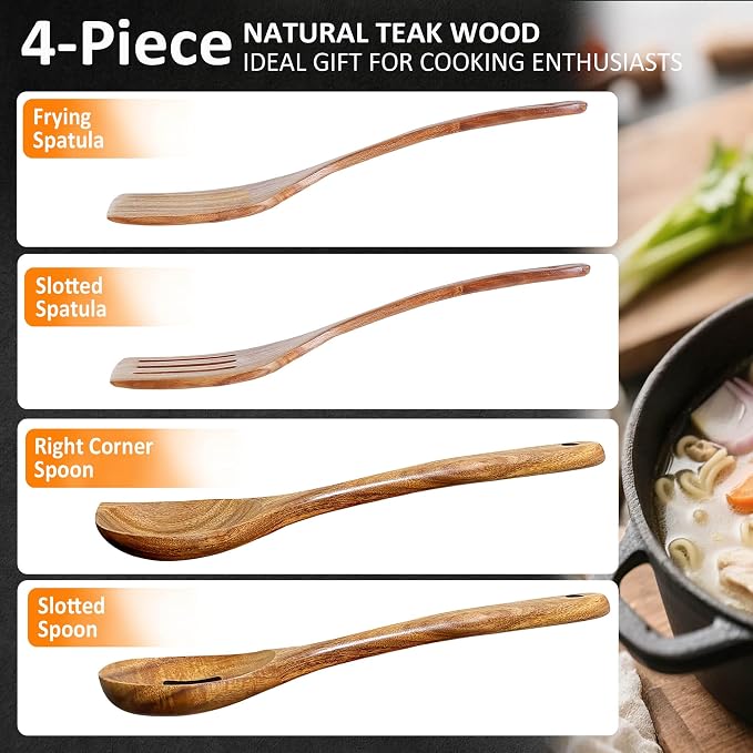 Wooden Spoons for Cooking, 4 Piece Teak Cooking Utensils Set | Natural Premium Teak, Large Kitchen Wooden Spoons, Cooking Gifts