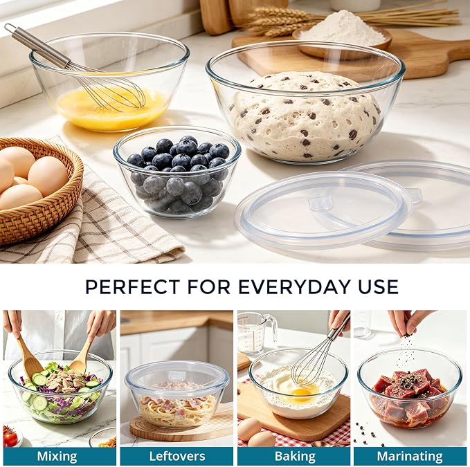 E-far Glass Mixing Bowls with Airtight Lids Set for Cooking Prep Serving | Thick Glass Salad Bowls, Large Clear Nesting Bowls for Storage Sourdough Proofing, Dishwasher Safe, 4.8,2.9,0.8 Qt, 3 Pack