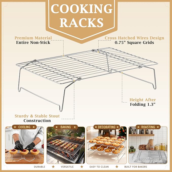 LIANYU 4-Tier Stackable Cooling Rack for Cooking & Baking, 10"x15", 2 Pack | Stainless Steel Collapsible Cooling Rack for Cookies, Cakes, Baking Wire Racks Fits Jelly Roll Pan, Oven & Dishwasher Safe