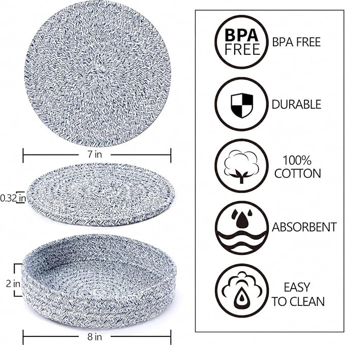 Coga Trivets for Hot Dishes, 5 Pack 7 Inch Cotton Hot Pads for Kitchen with Storage Basket, Round Pot Holders for Kitchen, Heat Resistant Mats for Countertop, Pots and Pans, Farmhouse Decor, Blue