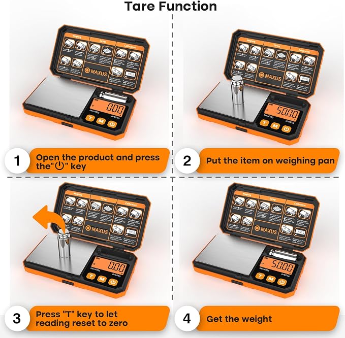 Pocket Scale, 200g x 0.01g, with 50g Calibration Weight and USB Cable | Digital Gram Scale, 6 Units, Backlit LCD, Stainless Steel Platform, Rubber Edges, for Jewelry, Coins, Powders, Food or Gems
