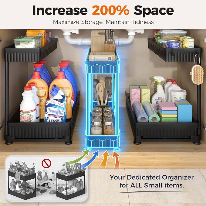 3-Pack 2-Tier L-Shaped Under Sink Organizers with Sliding Drawers | Multi-use kitchen & bathroom storage, 14.85 inch black cabinet organizer, space-saving sliding drawer design.