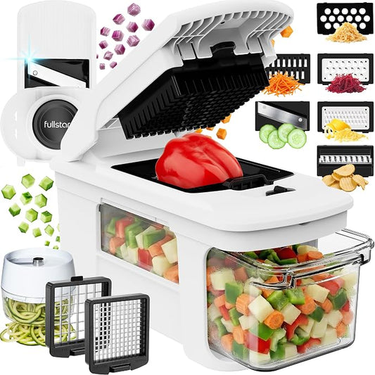 Fullstar XL Vegetable Chopper & Mandoline Slicer – Vegetable, Onion, Potato, Food, Veggie & Fruit Slicer, Dicer & Spiralizer with Pull-Out Catch Tray, Kitchen Gadgets & Gifts (11 in 1, Black/White)