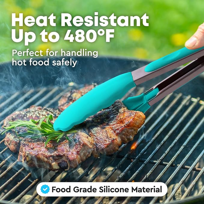 Zulay Stainless Steel Kitchen Tongs with Silicone Tips - Set of 2 (9” & 12”) Locking Cooking Tongs with Non-Slip Grip - Heat Resistant, BBQ Food Tongs for Non-Stick Cooking Pans (Silver/Aqua Sky)
