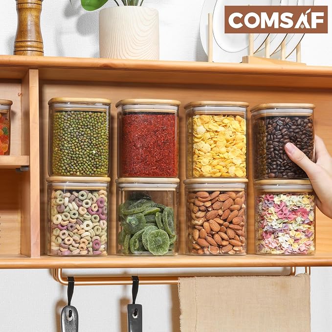 ComSaf Glass Jars with Bamboo Lids 0.8 Qt, Set Of 6 Pantry Galss Jars | Glass Storage Containers with Lid, Pantry Organizer and Storage, Lid with Silicone Seal, Pasta, Spice, Coffee, 27oz, BPA Free